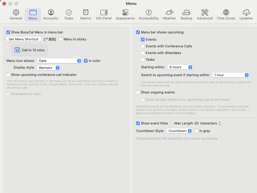 BusyCal settings - Menubar