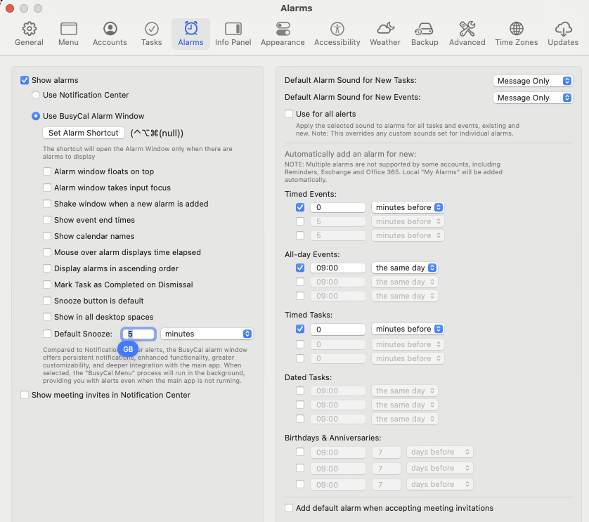 BusyCal settings - Alarms