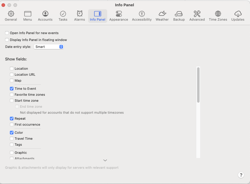 BusyCal settings - Info Panel