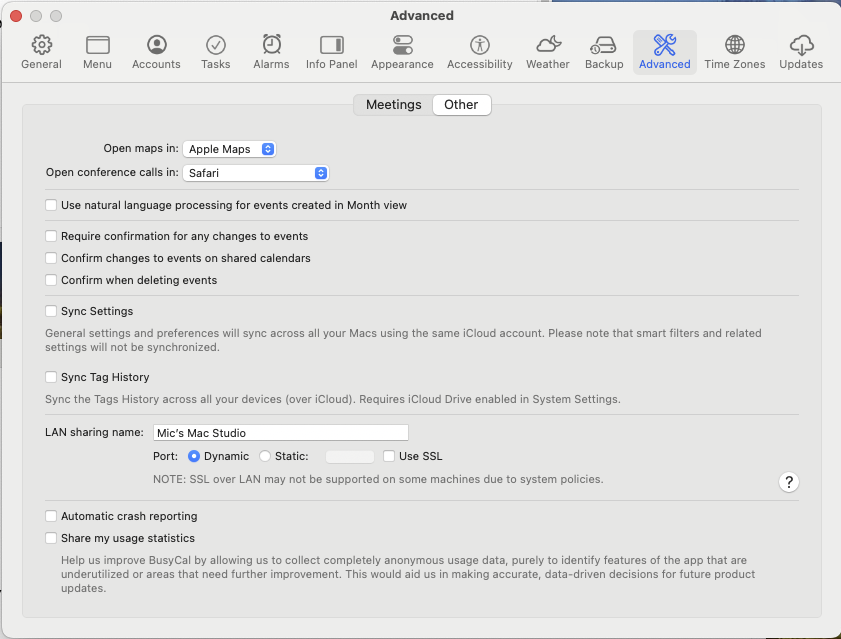 BusyCal settings - Advanced