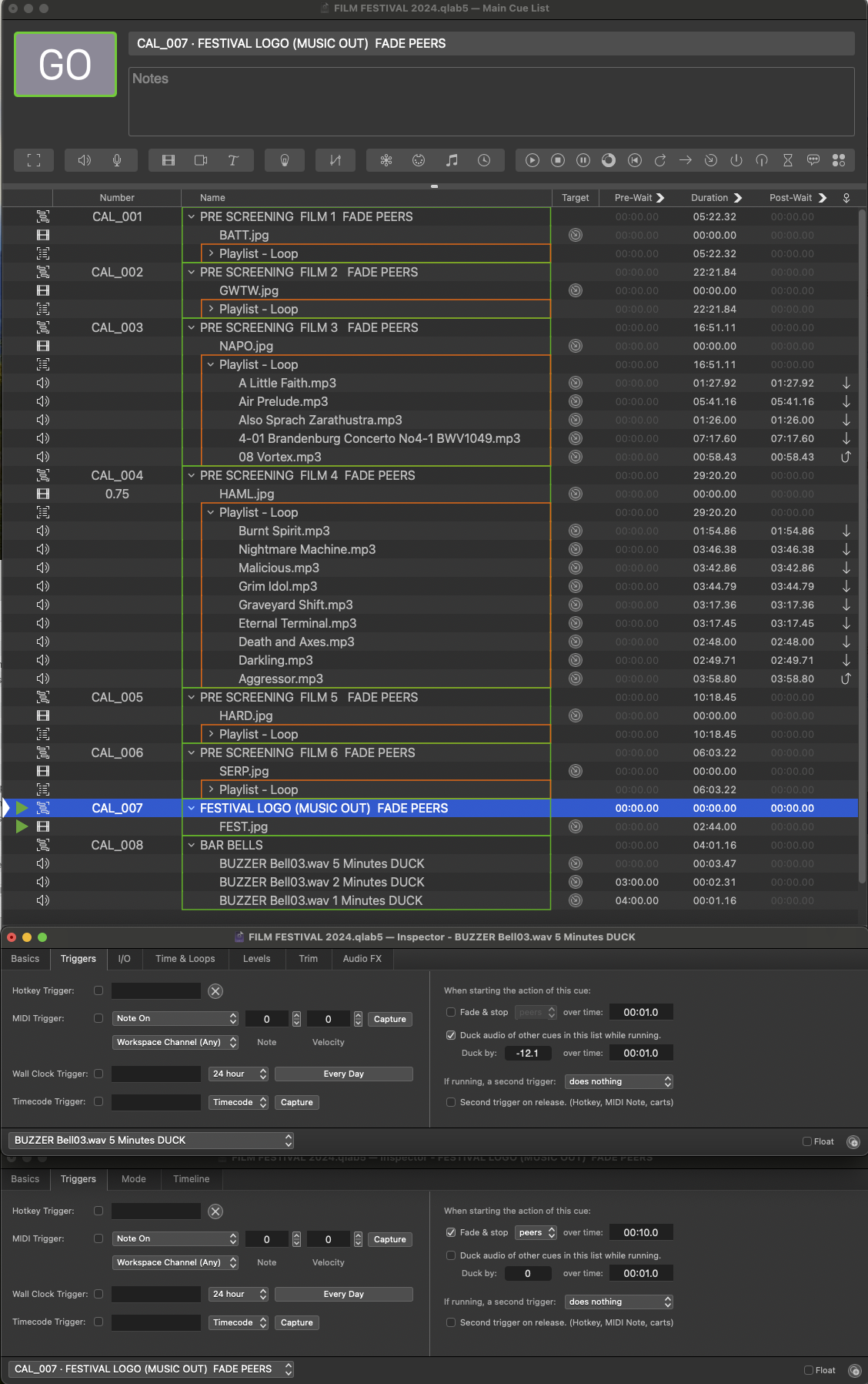Film festival cue list