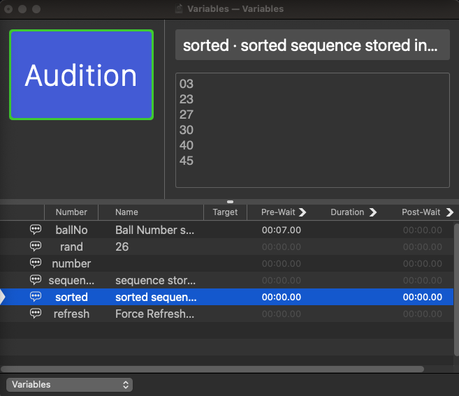 The variables cue list