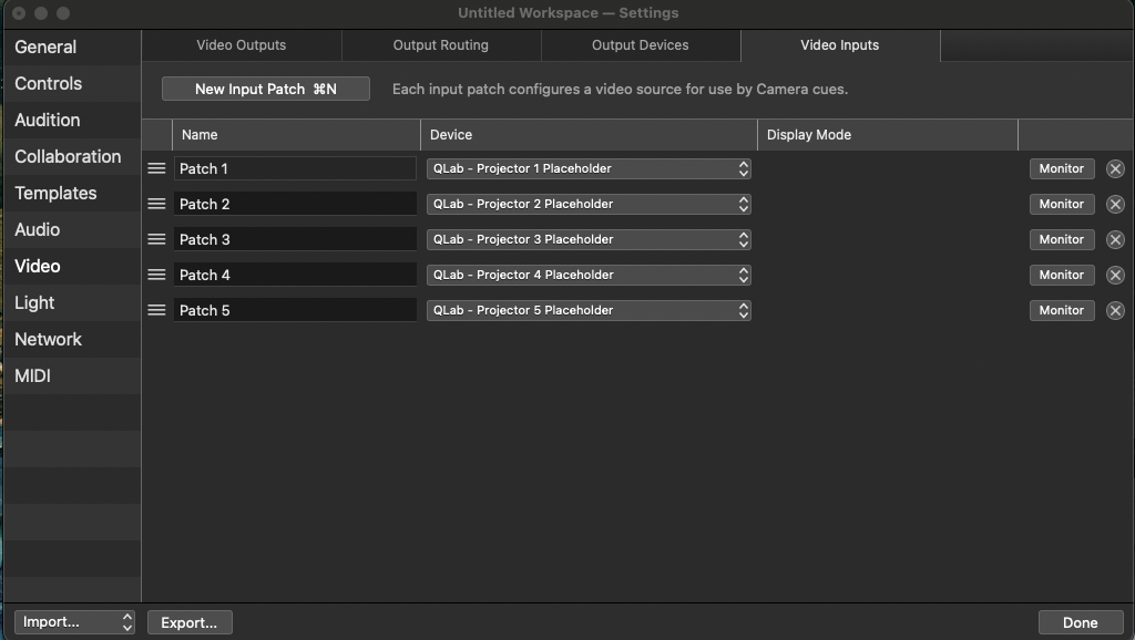 The Video Inputs tab