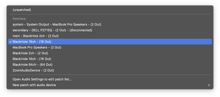 The audio output patch pop-up menu