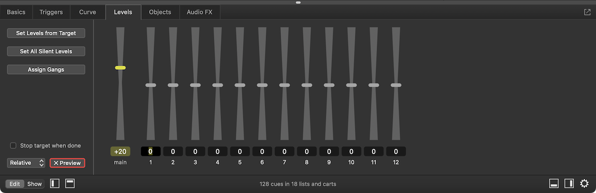 The Levels tab - relative fade