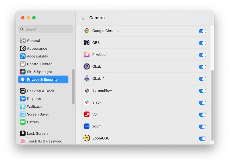 Giving QLab permission to use the camera
