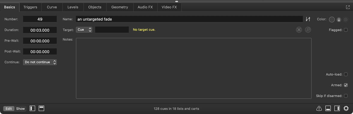 The Basics tab - Fade cues