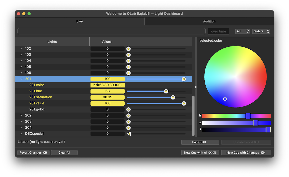 Light Dashboard HSI color picker