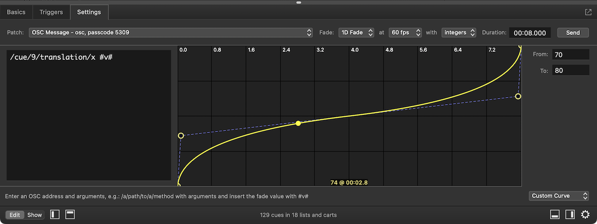 A Network cue with a 1D float fade