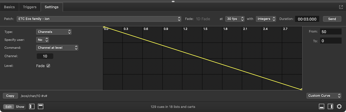 A Network cue with a 1D fading ETC EOS OSC message