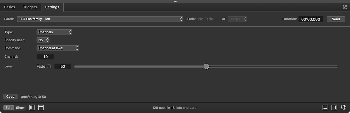 A Network cue with an ETC EOS OSC message