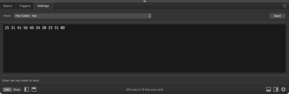 A Network cue with a hexadecimal message