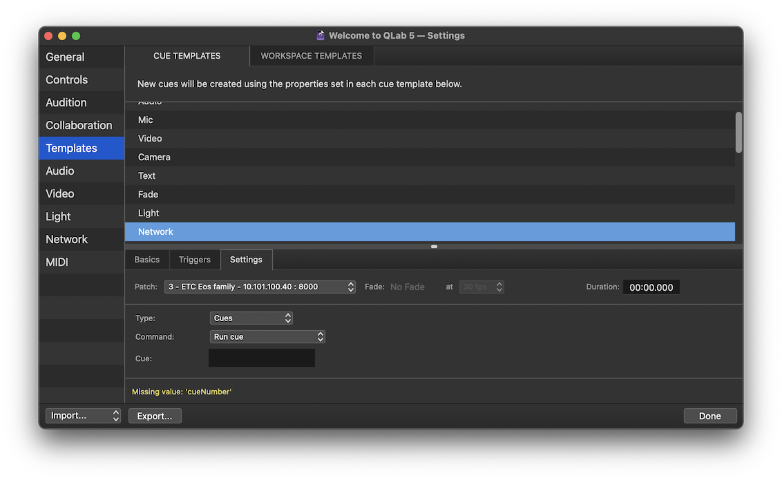 An ETC-specific Network cue template