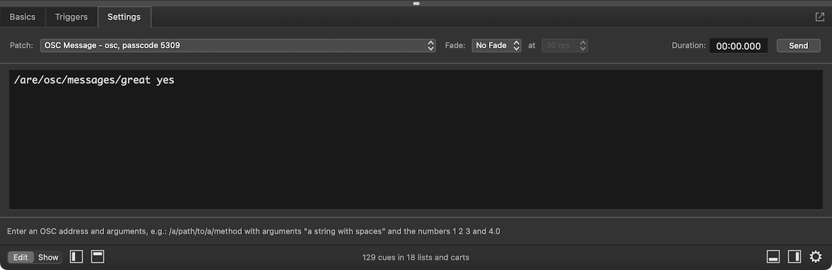 A Network cue with an OSC message
