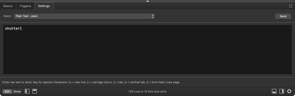 A Network cue with a plain text message