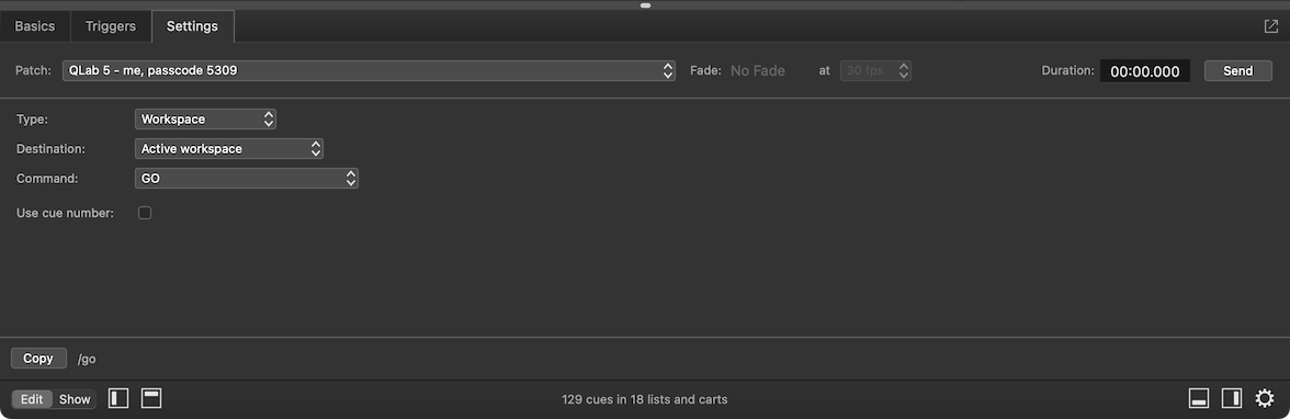 A Network cue with a QLab OSC message