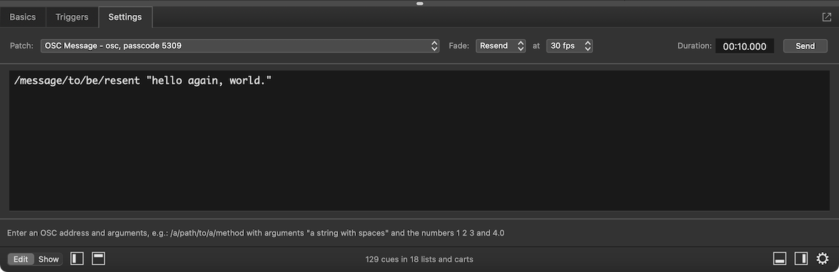 A Network cue with a resending OSC message