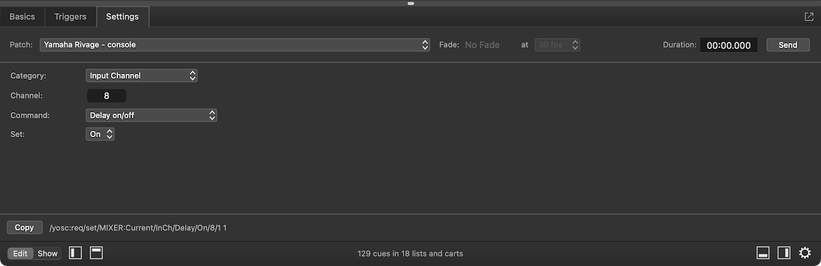 A Network cue with a Yamaha Rivage OSC message