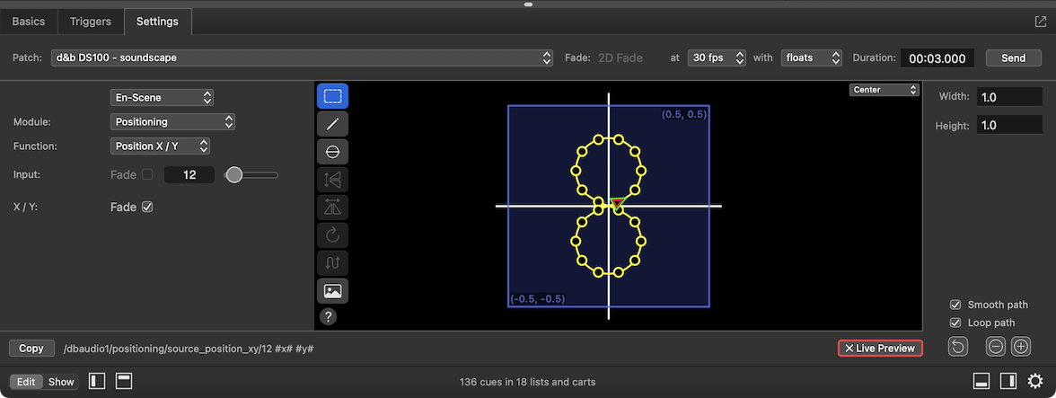 A Network cue with a 2D fading d&b Soundscape OSC message