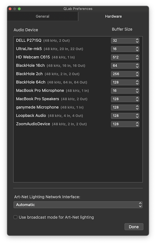 QLab Preferences - Hardware