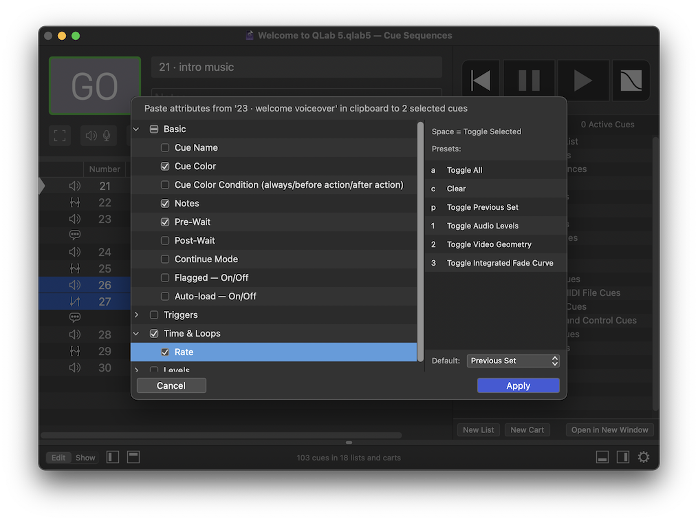 Paste cue properties