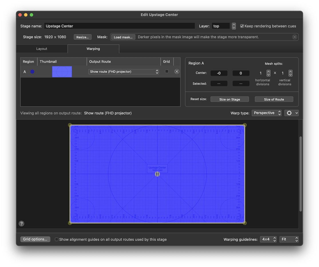 A full-stage region - the Warping tab