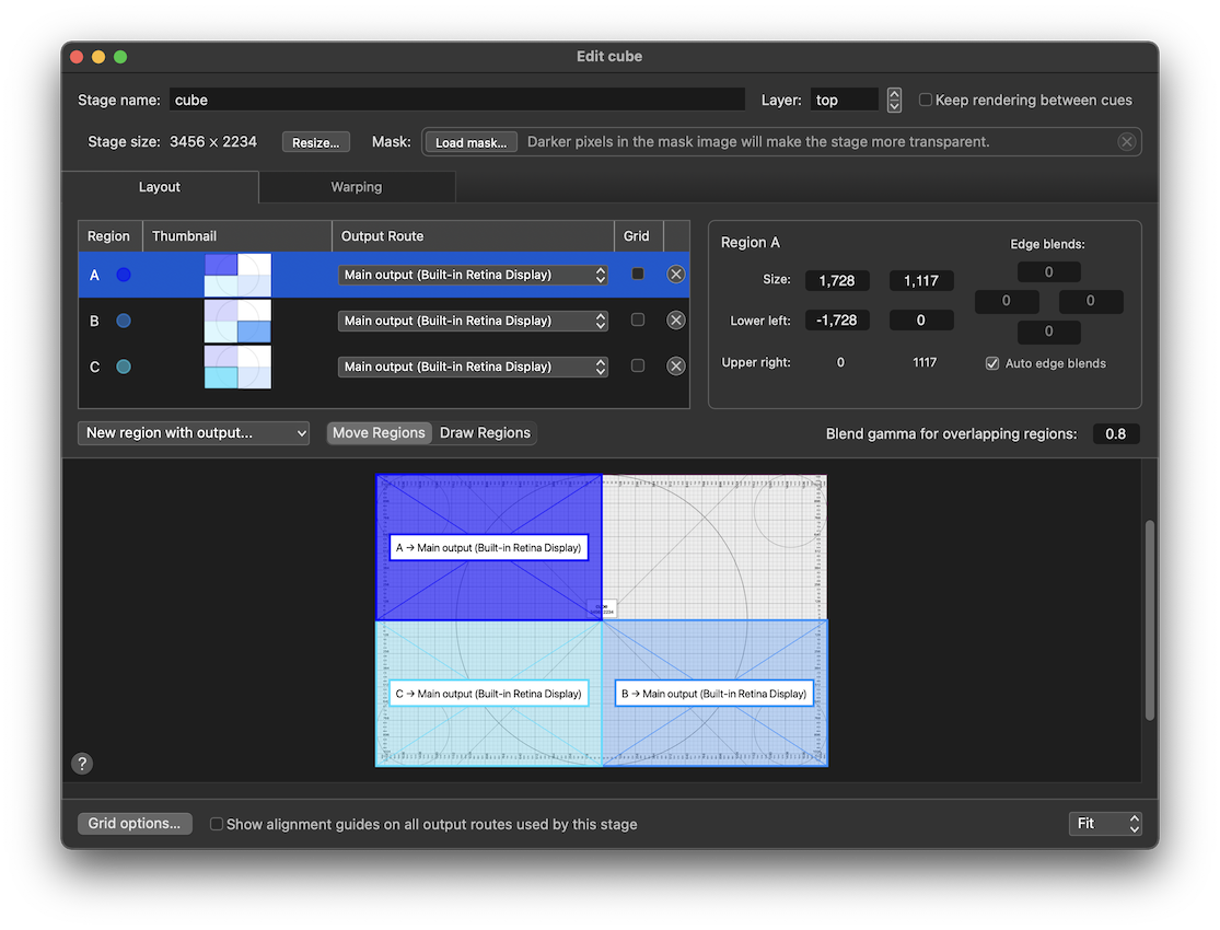 A three-region stage