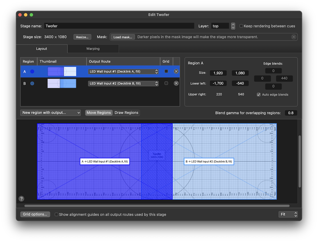 A two-region stage with edge blending