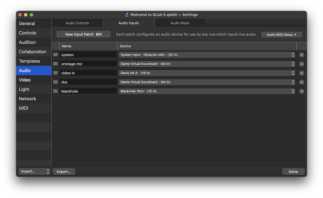 The Audio Inputs tab