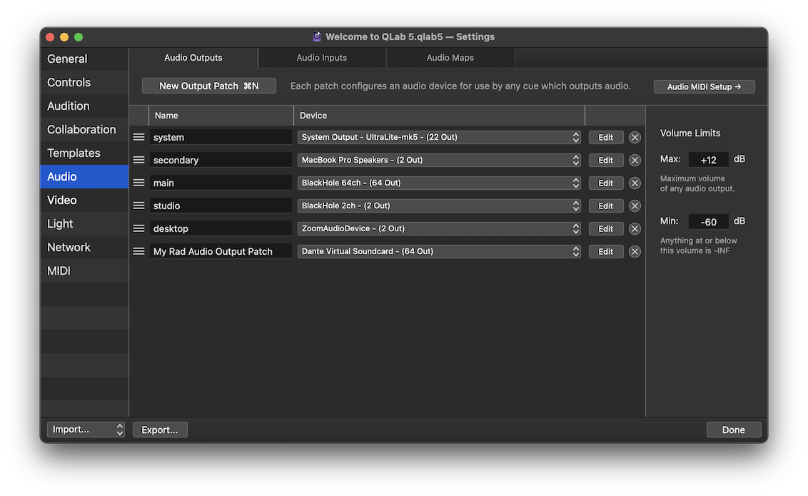 The Audio Outputs tab