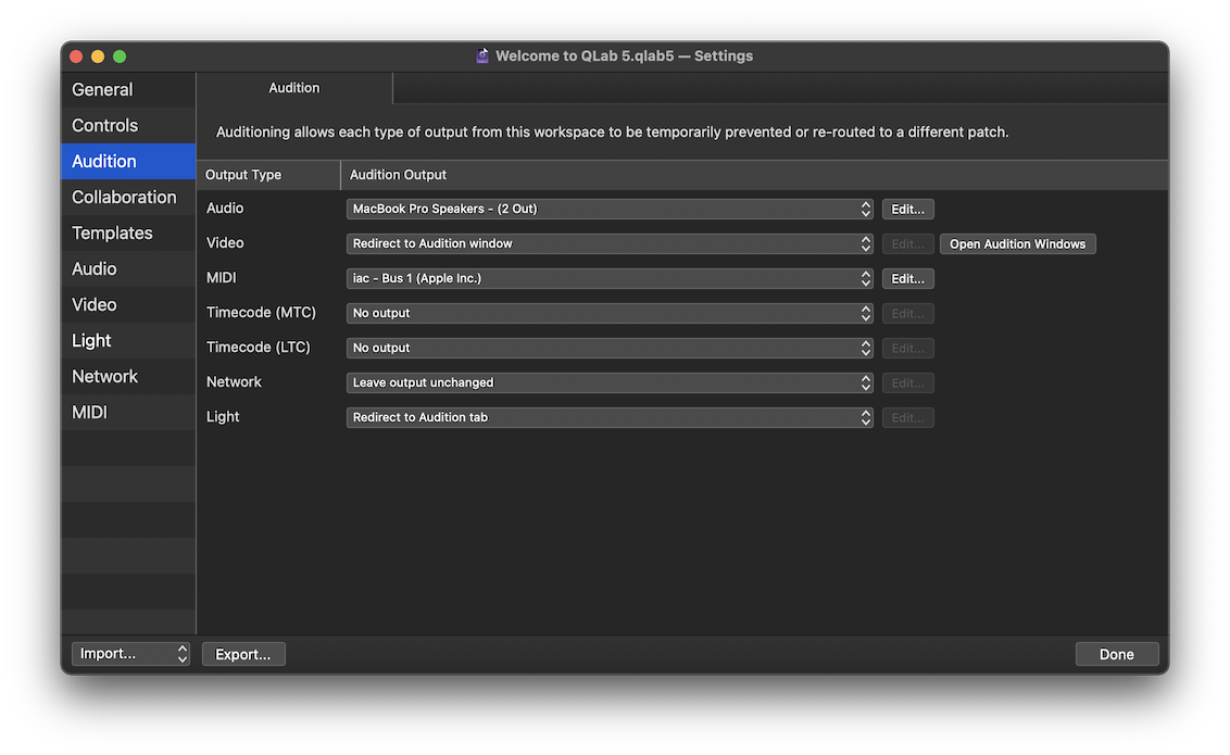 Workspace Settings → Audition