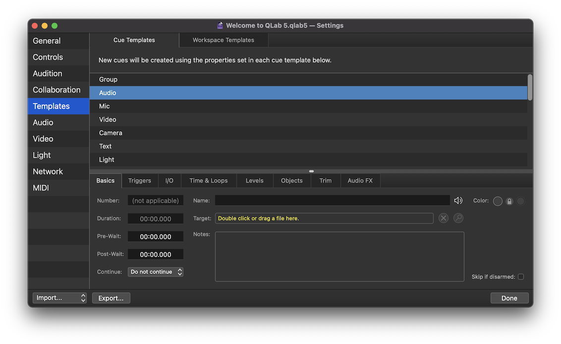 The Cue Templates tab