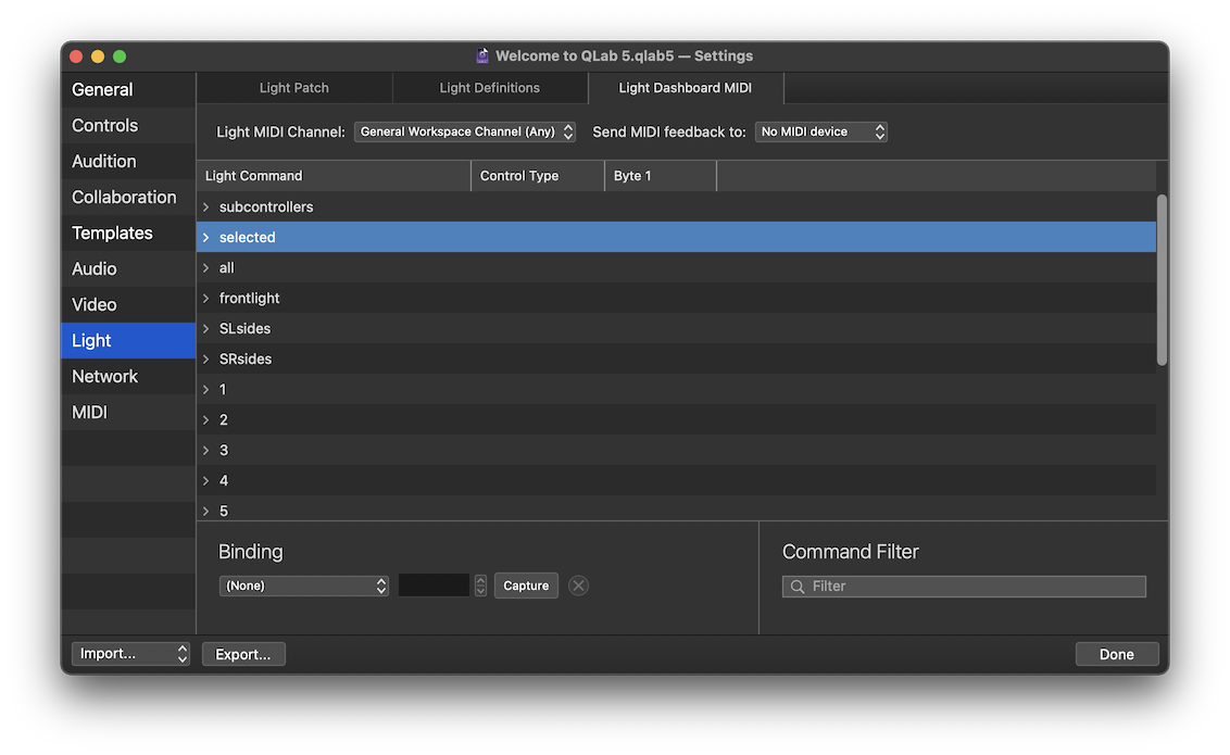 The Light Dashboard MIDI tab