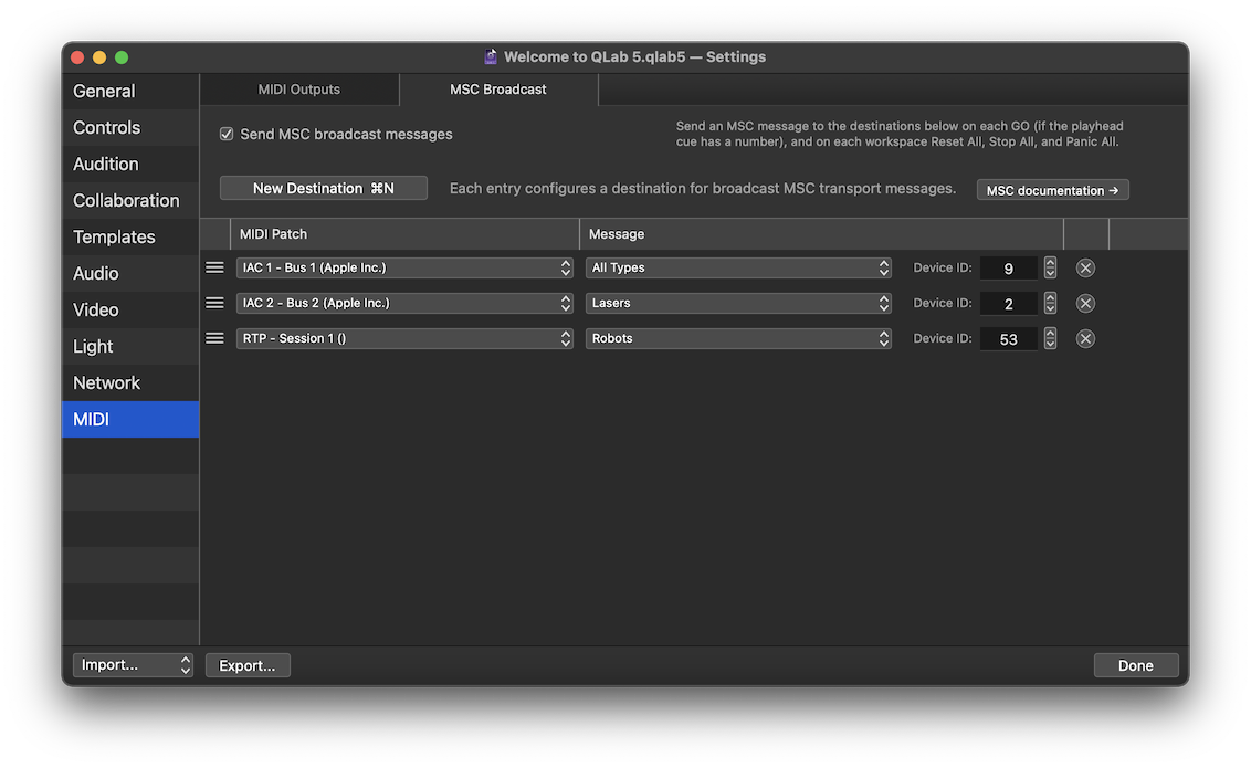 The MSC Broadcast tab