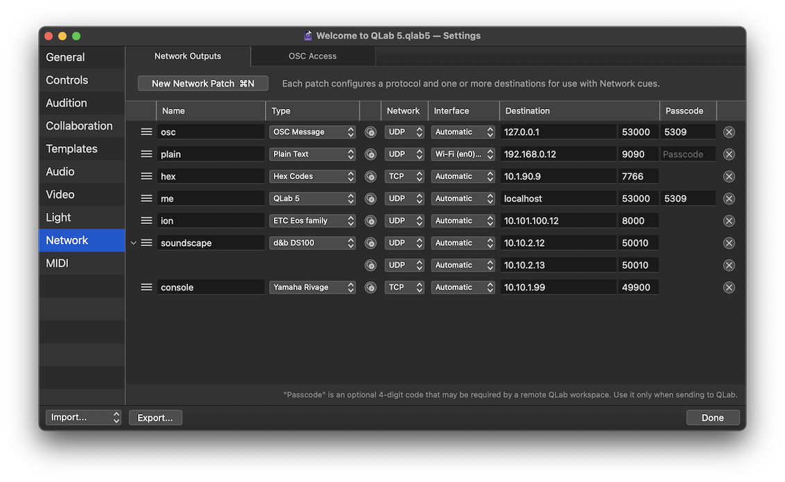 The Network Outputs tab