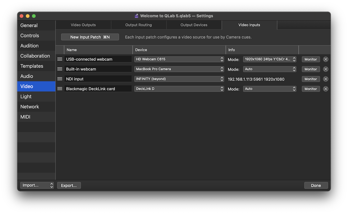 The Video Inputs tab