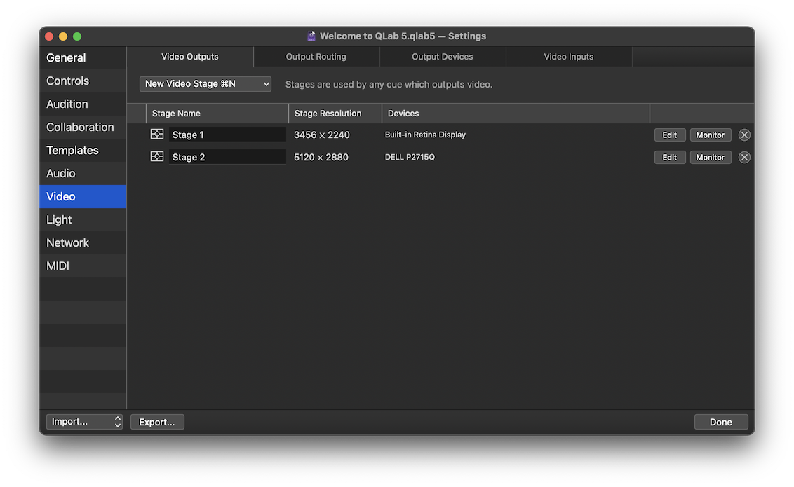 The Video Outputs tab