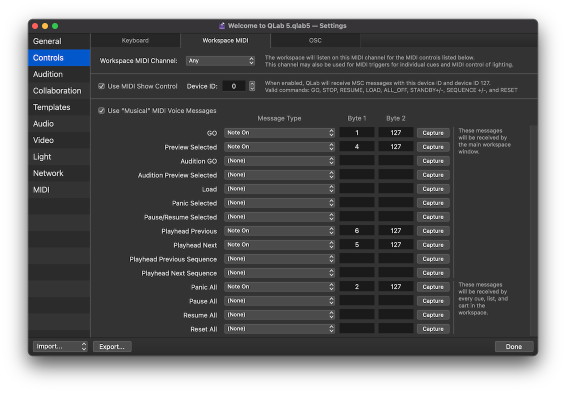 The Workspace MIDI tab