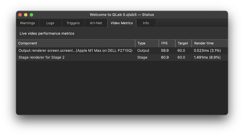 Workspace Status → Video Metrics