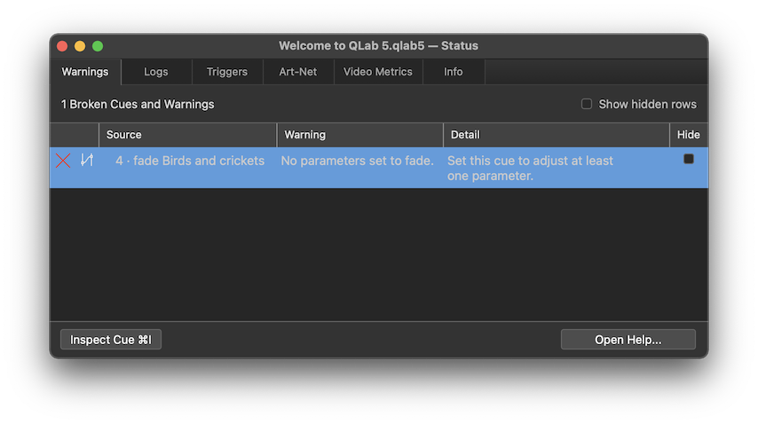 Workspace Status → Warnings: a broken cue