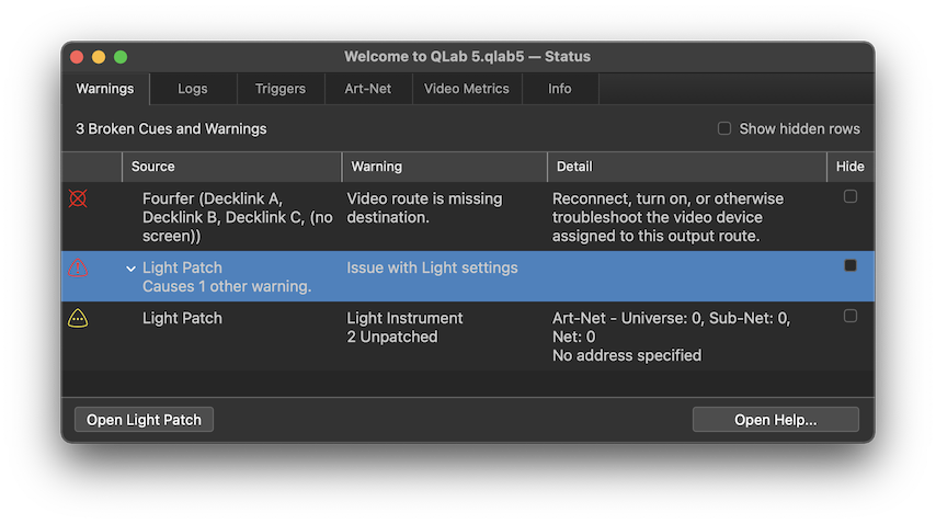 Workspace Status → Warnings: several warnings
