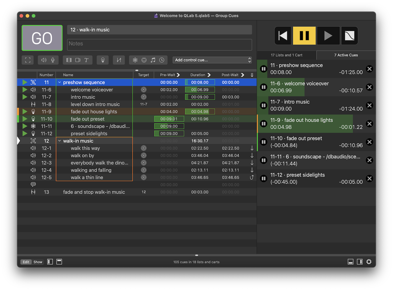 The sidebar showing active cues