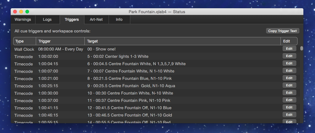Trigger tab in the workspace status window